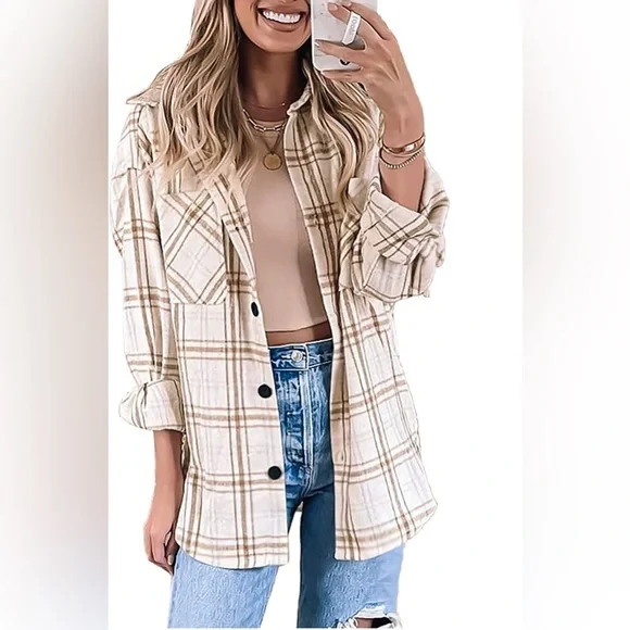 NWOT khaki cream plaid shacket - Picture 2 of 10